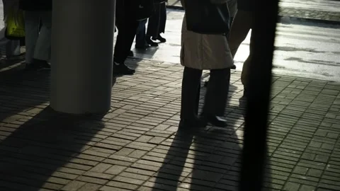 Low-angle sunlight casts long, crisp shadows of pedestrians on a wet brick plaza Stock Footage 325671963