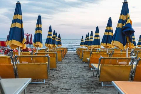 Low Angle Symmetrical Beach Umbrellas After Sunset Durres Albania Stock Photos