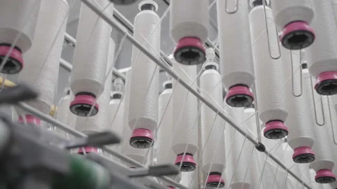 Low Angle, Thread Wheels Spinning in Factory, Bangladesh Video stock 142030101