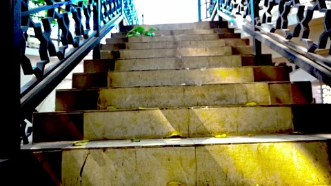 Low angle tilt up shot of concrete stairs with artistic black metal railing.. 스톡 동영상 342025341