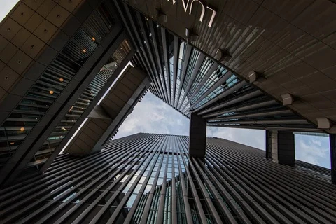 Low angle Timelapse of abstract buildings with bridges and sky above, Tokyo Stock Footage 136138442