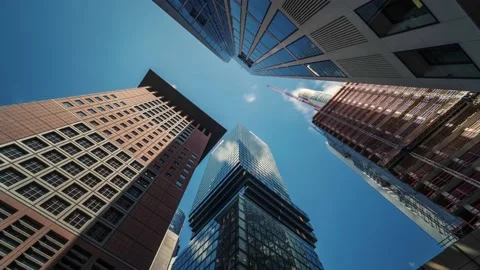 Low-Angle Timelapse Of Modern Skyscrapers In Modern Frankfurt Business City Stock Footage 142206480