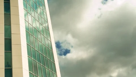 Low angle timelapse view of Skyscrapers in Frankfurt showing clouds moving Stock Footage 74849055