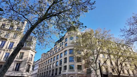 Low Angle Tracking Shot of Classic Parisian Architecture and Trees Vídeos de archivo 332602189