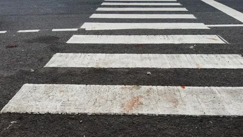 Low angle tracking shot of empty zebra crossing on urban road Stock Footage 340975066