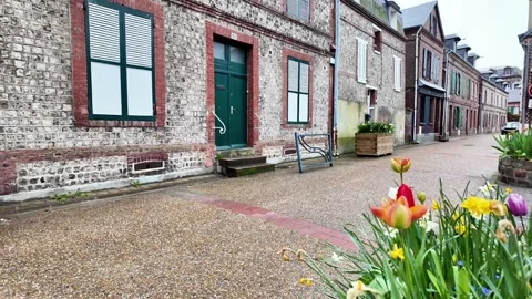 Low-angle tracking shot moving past spring flowers to reveal a traditional stone Vídeos de archivo 332999852