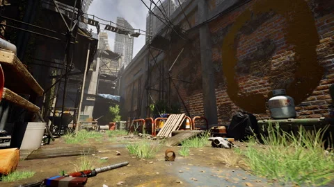 Low angle tracking shot of a sunlit post-apocalyptic alley 스톡 동영상 297845077