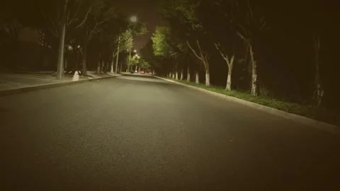 Low Angle Tracking View Of Empty Suburban Road Encircled By Trees At Night Stock Footage 331492695