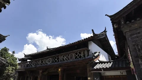 Low Angle Traditional Chinese Ancient Wooden Building Under Blue Sky Stock Footage 340131529