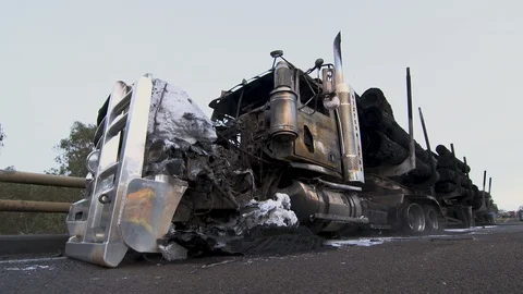 Low angle of truck smash and destruction of truck - June 10, 2014. Stock Footage 87888195