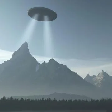 Low-angle of a UFO over the landscape, foggy mountains and grass around Illustrazione stock