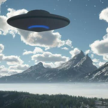 Low-angle of a UFO over the landscape, sunny mountains, lake and grass around Illustrazione stock