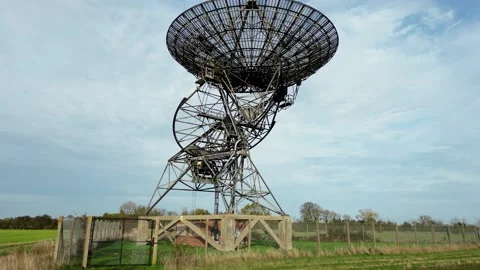Low angle under MRAO Mullard radio observatory telescope dish close up Stock Footage 221961566