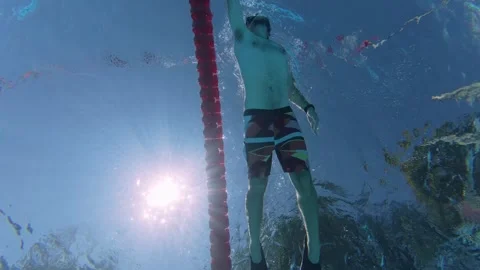 Low Angle Underwater View of Man Swimming with Fins in Pool Stock-Footage 342015482