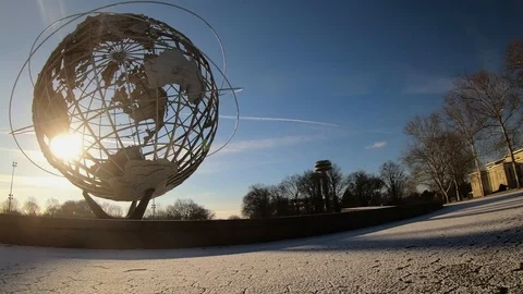 Low angle Unisphere airplane in background NYC  Stock Footage 103823212