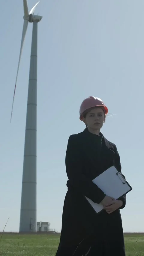 Low angle vertical full shot of engineer standing on windmill field Stock Footage 238009170
