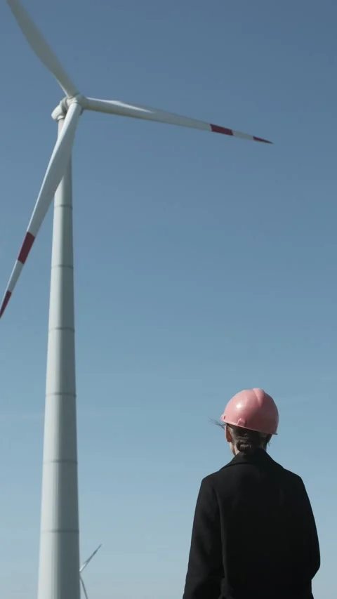 Low angle vertical full shot of engineer standing on windmill field Stock Footage 238009260