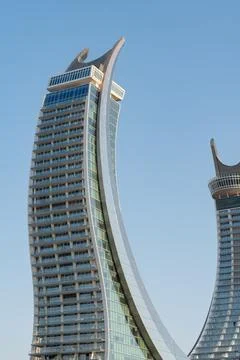 Low Angle Vertical Shot of Katara Towers Architectural Details in Lusail City Stockfoto's