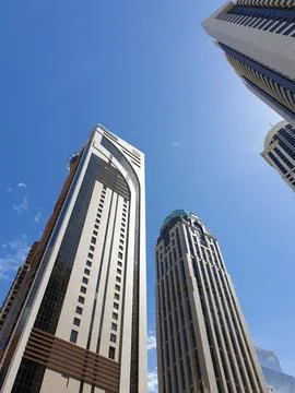 Low angle vertical view of modern glass skyscrapers Stock Photos