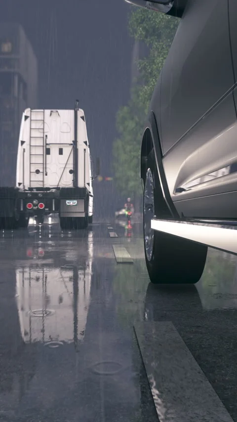 Low Angle Vertical View of Semi Truck Overtaking Pickup Road in Heavy Rain Stock Footage 339410071