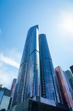 Low angle vertical view of skyscrapers in Melbourne Stock Photos
