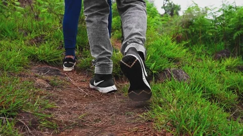 A low angle video of two adventurers boots hiking through green bushes in w.. Video stock 332355123