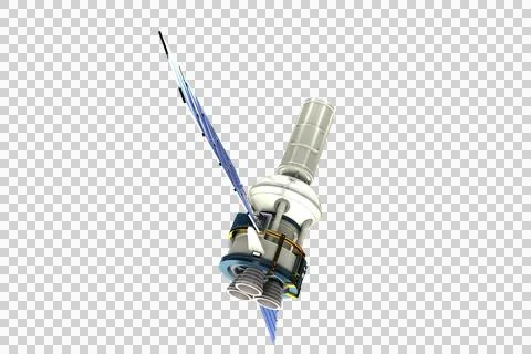 Low angle view of 3d modern solar power satellite Illustrazione stock