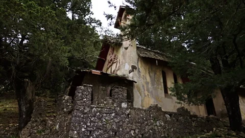 Low angle view of a abandoned church in a forest Stock Footage 267344863