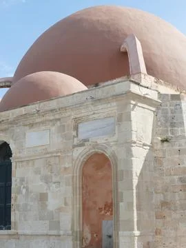 Low angle view of the Aga Pasha Mosque in Rhodes, Greece, highlighting the .. Stock Photos