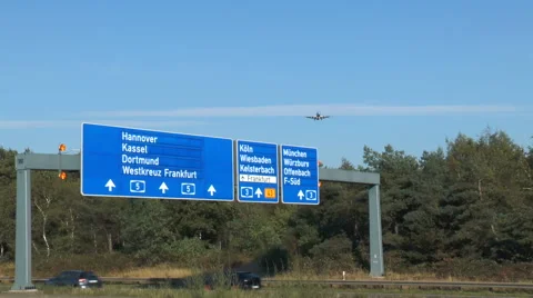 Low-angle view of Airplane approaching the runway of Frankfurt Airport. Stock Footage 67866379