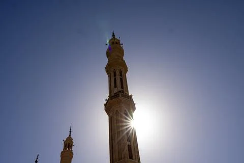 Low angle view of Al Mustafa Mosque minarets in Sharm El Sheikh Egypt with .. Stockfoto's