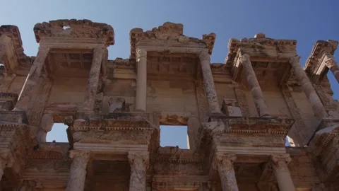 Low angle view of ancient Celsus library facade in Ephesus Turkey under bri.. Stock Footage 337442824