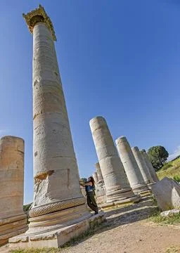 Low Angle View of Ancient Temple Columns in Sardis, Turkey Stock Photos