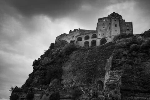 Low angle view of the Aragonese Castle, Ischia Island, Campania, Italy 스톡 사진