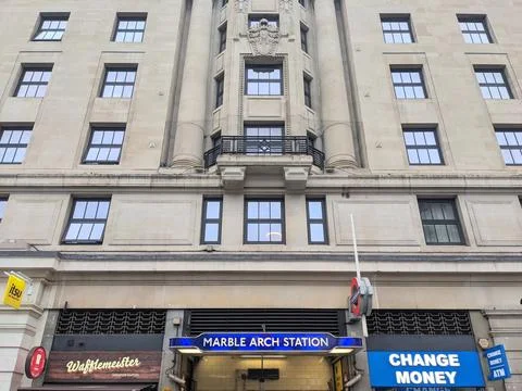Low angle view of the Art Deco stone facade of Regent House above Marble Arch Stock Photos