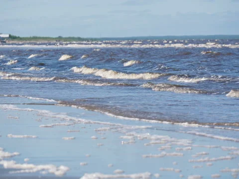 Low angle view of beautiful shore seascape. Restless blue sea in windy weather Stock Footage 80771551