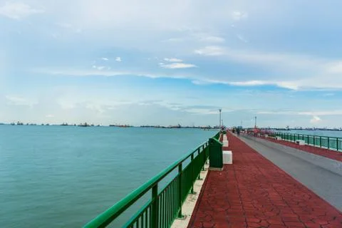 Low angle view of Bedok Jetty Singapore reaching into the sea Foto stock