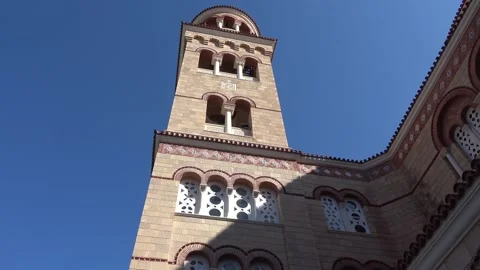 Low angle view of the bell tower of Agios Nektarios Holy Temple in Aegina Stockbeeldmateriaal 218254048