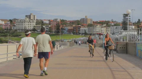 Low angle view of the Bondi pavillion and the promenade Stock Footage 36685575