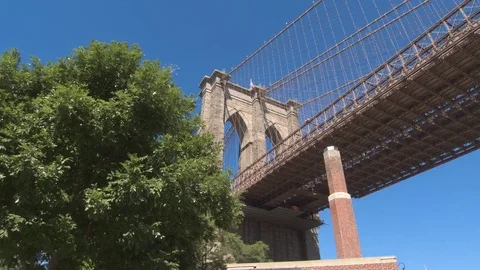 LOW ANGLE VIEW: Brooklyn Bridge brick gates and cable structure against blue sky Stock Footage 71843838