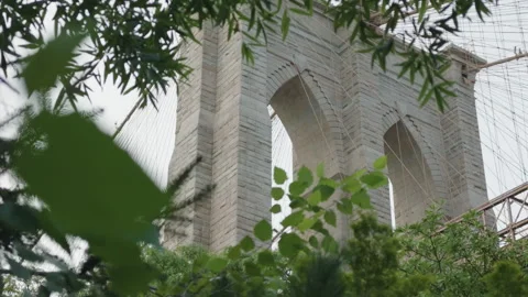 Low angle view of Brooklyn Bridge tower framed by fluttering leaves Stock Footage 340862411