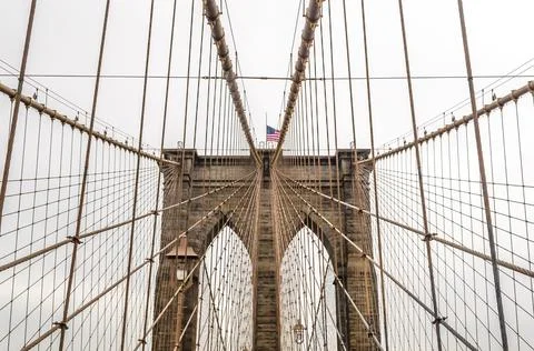 Low Angle View of Brooklyn Bridge Top on a Rainy Day in Manhattan, New York City Stock Photos