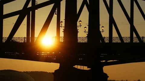 Low angle view of Budapest downtown and the Bridge in sunrise Stock Footage 112440915