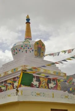 Low angle view of a Buddhist stupa with colorful design. Stock Photos