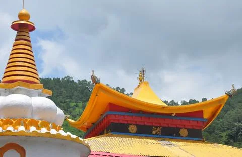 Low angle view of Buddhist temple roof in Rewalsar lake (Mandi) Stock Photos