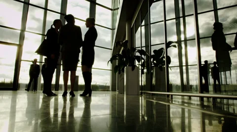 Low angle view of business group walking through large modern office building. Stock Footage 36676874