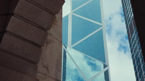 A low-angle view of a bustling urban landscape in Hong Kong, featuring towering Video stock 338311525