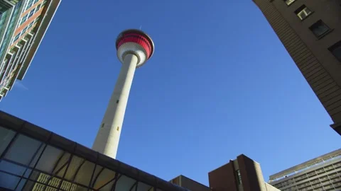 Low Angle View of Calgary Tower Against Clear Blue Sky in Downtown Calgary Stock Footage 328300186