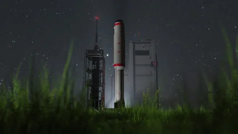 Low-angle view of the camera around the space station and the rocket. concept Stock-Footage 154030192