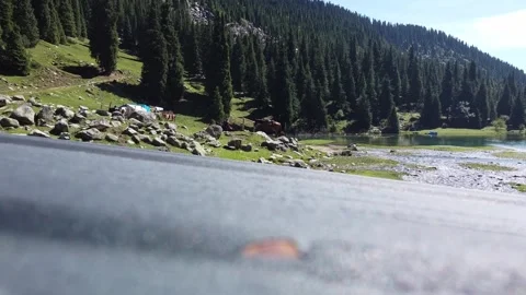 Low angle view from car hood of mountain lake and spruce forest, road trip Vidéo 334327020